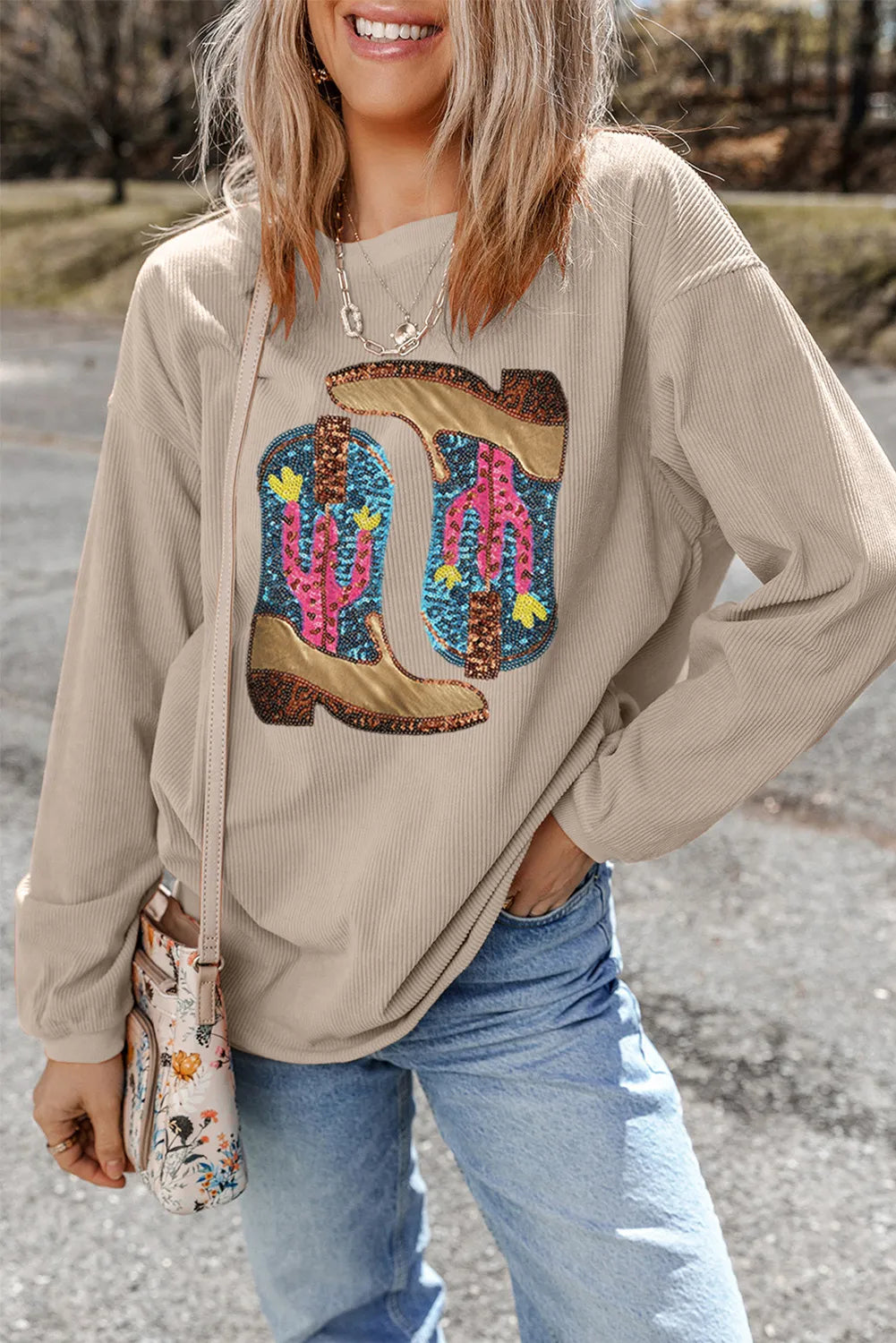 Big Discounts fashion casual hoodiehigh-quality athletic sweatshirtFull Size Sequin Boots Round Neck Long Sleeve Sweatshirt