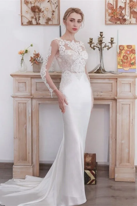 Online Specials summer floral dressLong Sleeves Mermaid White Satin Wedding Dress