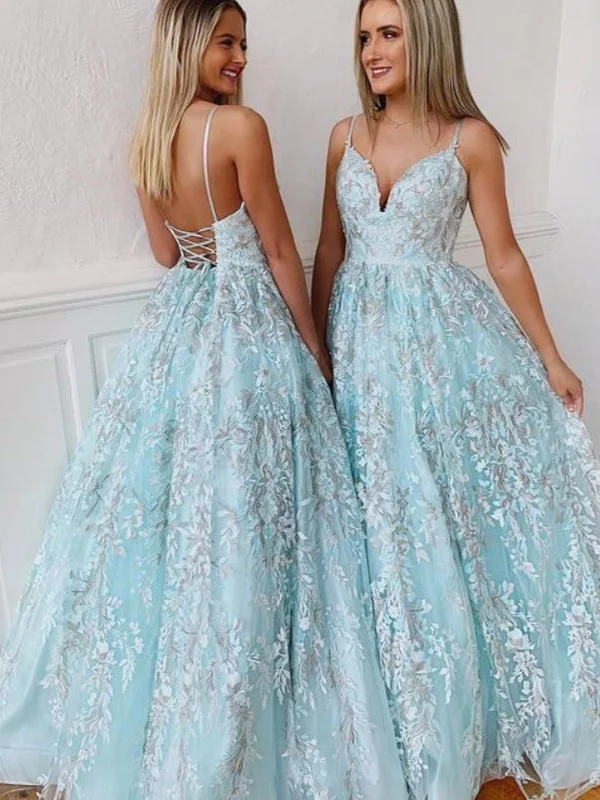 Super Savings Backless Prom Dresses Spaghetti Straps Aline Ice Blue Lace Prom Dress Floral Evening Dress JKL1641