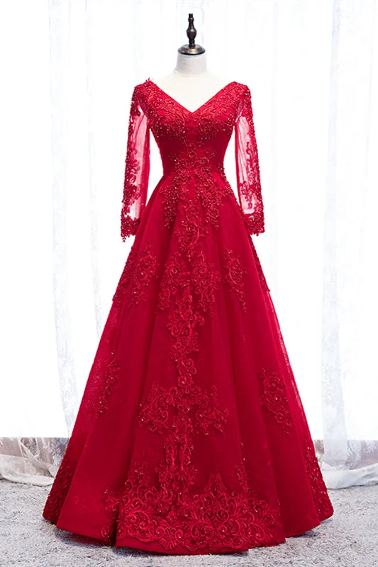 Sale Event bohemian dressRed V Neck Long Sleeves Beaded Appliques Long Formal Dress