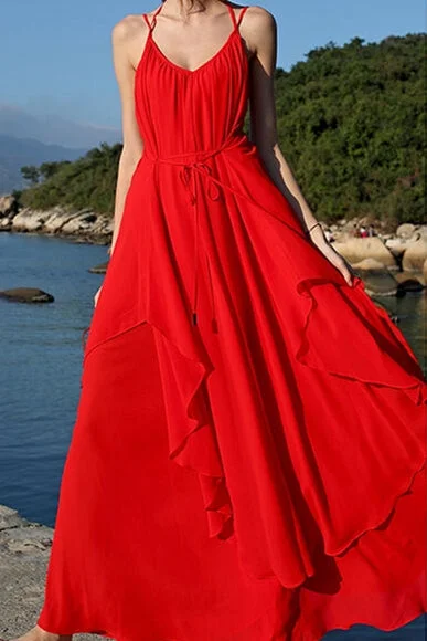 Hurry In elegant dressBackless Red Chiffon Maxi Dress