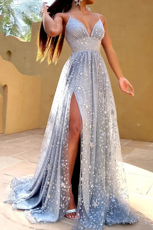 Savings Galore A-Line Glittering Sexy V Neck Sleeveless Sequin Split Long Prom Evening Dress GJS182