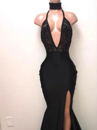 Special Promotion Long Sleeve Prom Dresses with Slit Halter Deep V Mermaid Chic Black Prom Dress JKL1557