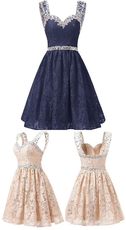 Daily Deals Gorgeous A Line Straps Knee Length Lace With Beading Homecoming Dresses
