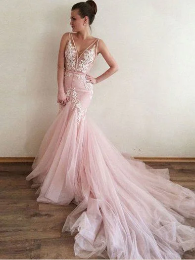 Stock Clearance Open Back Prom Dresses V-neck Mermaid Sweep Train Appliques Pink Long Prom Dress JKL1499