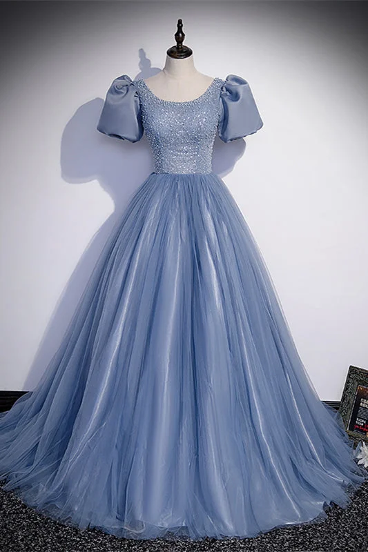 New Markdowns chic shift dressLight Blue Jewel Puff Sleeves Beaded Long Formal Dress with Sequins