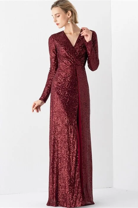 Overstock comfy dressBurgundy Sequined Long Sleeves Evening Dress