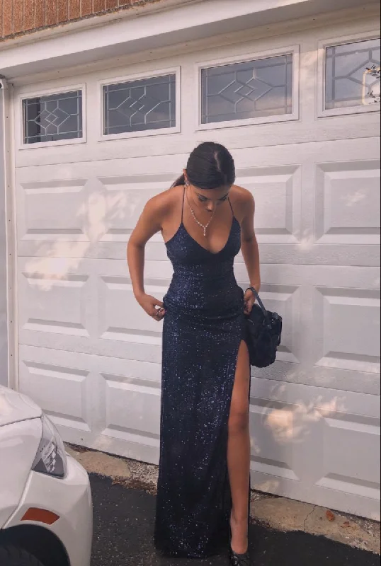 The Best Prices elegant shift dressNavy Blue Sequins Spaghetti Straps V-neck Long Evening Prom Dresses Y4477