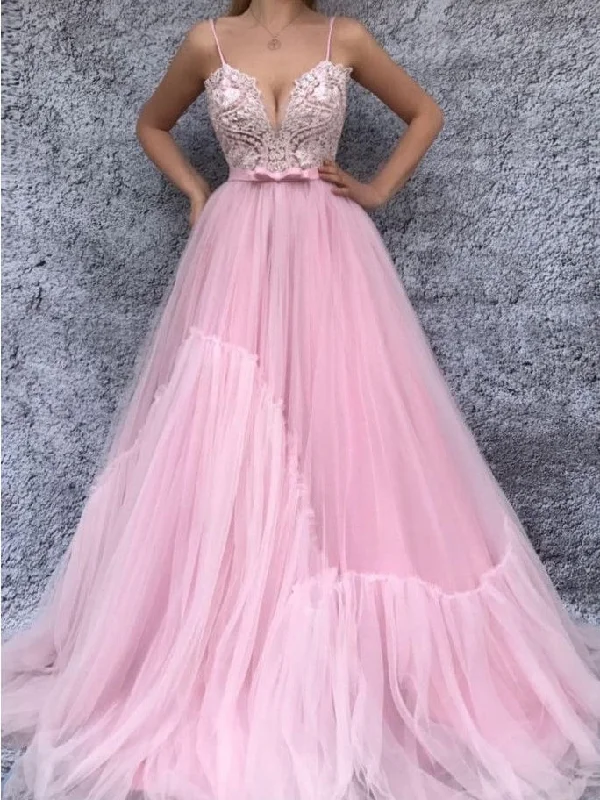 Closeout Pink Prom Dresses with Spaghetti Straps A Line Appliques Long Chic Pink Prom Dress JKL1588