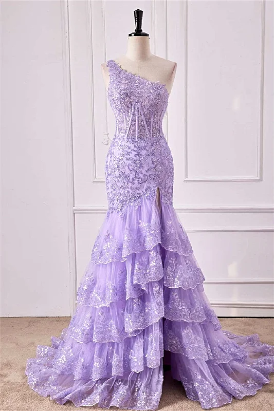 Special Price velvet dressLavender One Shoulder Sequined Mermaid Layers Long Prom Dress with Slit