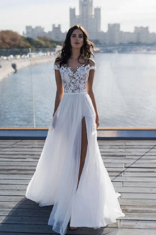 Price Break Off The Shoulder Appliques A line Wedding Dresses Side Split Tulle Bridal Gowns