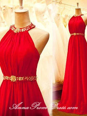 Price Reduction Chic Prom Dresses Halter A Line Brush Train Rhinestone Long Sexy Prom Dress JKL601