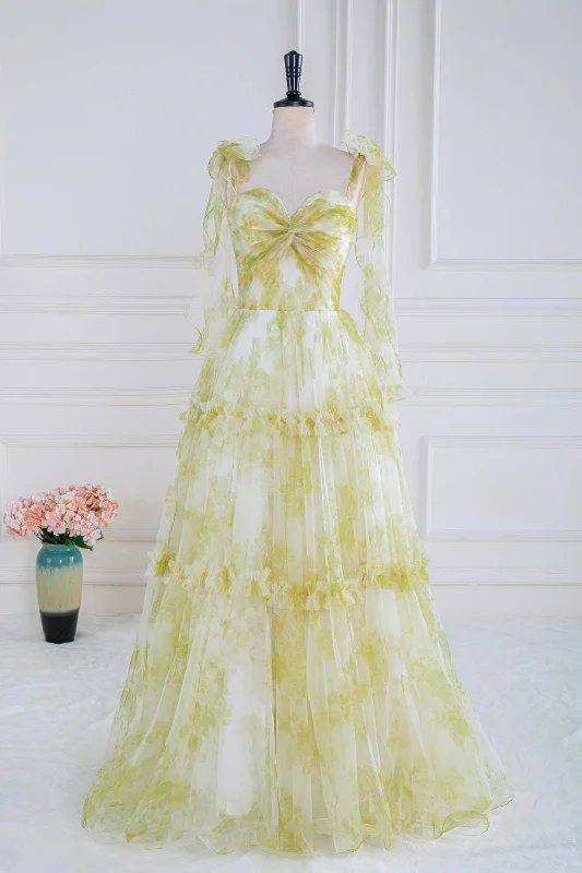 Super Deal floral wrap dressLight Yellow Bow Tie Straps Twisted Knot Ruffled Floral Long Prom Dress