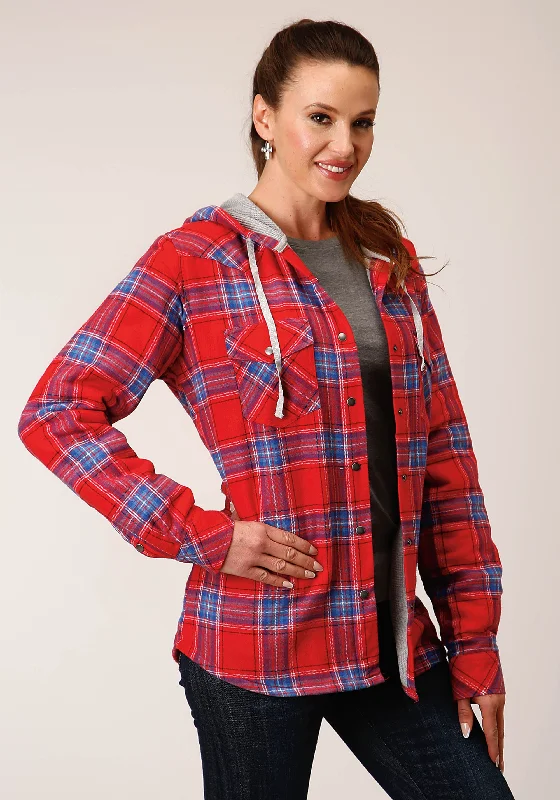 Special Price outdoor adventure coatWOMENS SNAP THERMAL LINED FLANNEL SHIRT JACKET CORAL BLUE WHITE PLAID