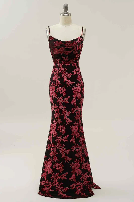 Take Advantage satin dressBlack Mermaid Scoop Neck Pleated Satin Scarlet Applique Long Prom Dress