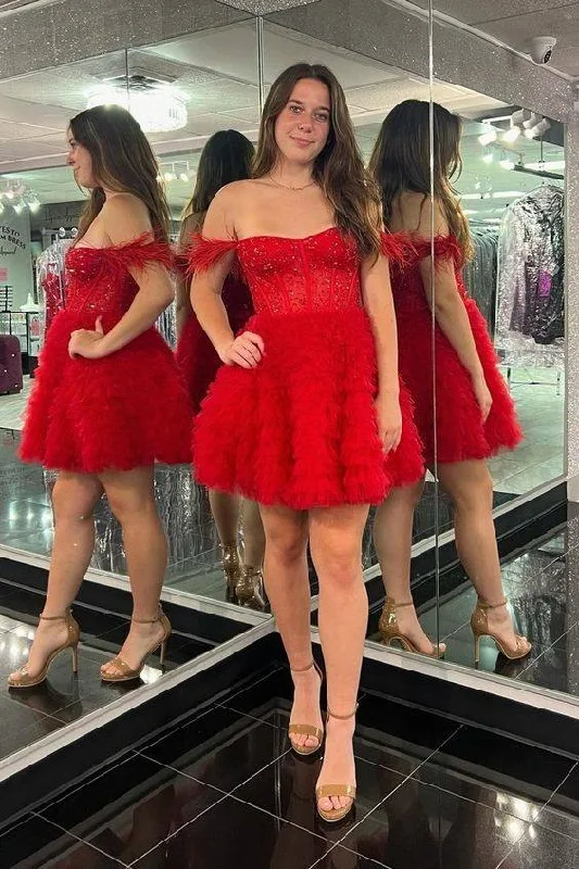 Time-Limited Offer layered dressOff the Shoulder Red Beaded Layered Short Homecoming Dress