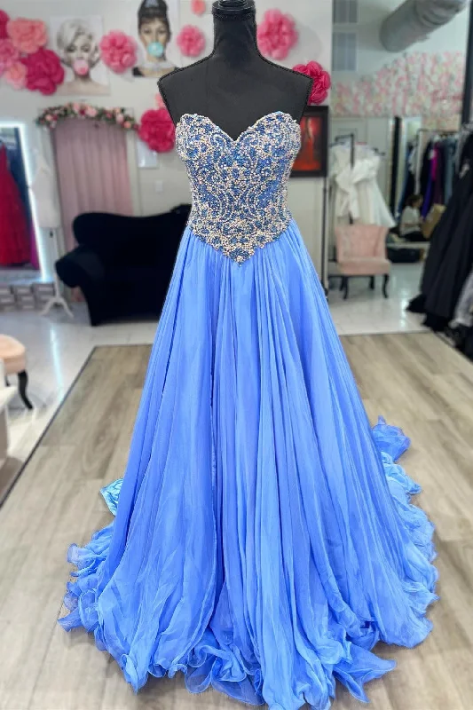 Sale Event floral dressBijou Blue Strapless Beaded A-line Tulle Long Prom Dress
