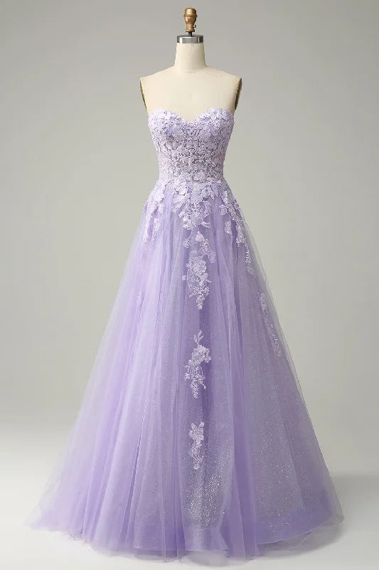 Weekend Special sleek midi dressLavender A-line Appliques Strapless Lace-Up Tulle Long Prom Dress
