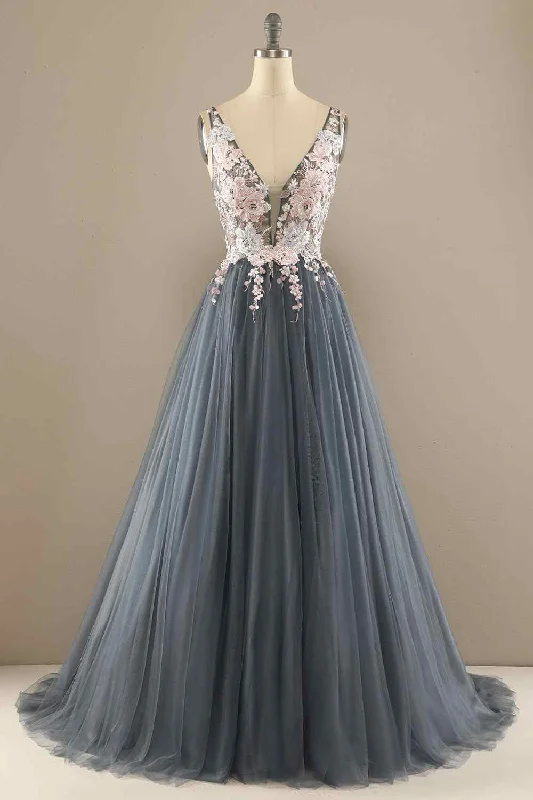 Closeout satin midi dressA-line V Neckline Tulle Applique Long Prom Dress