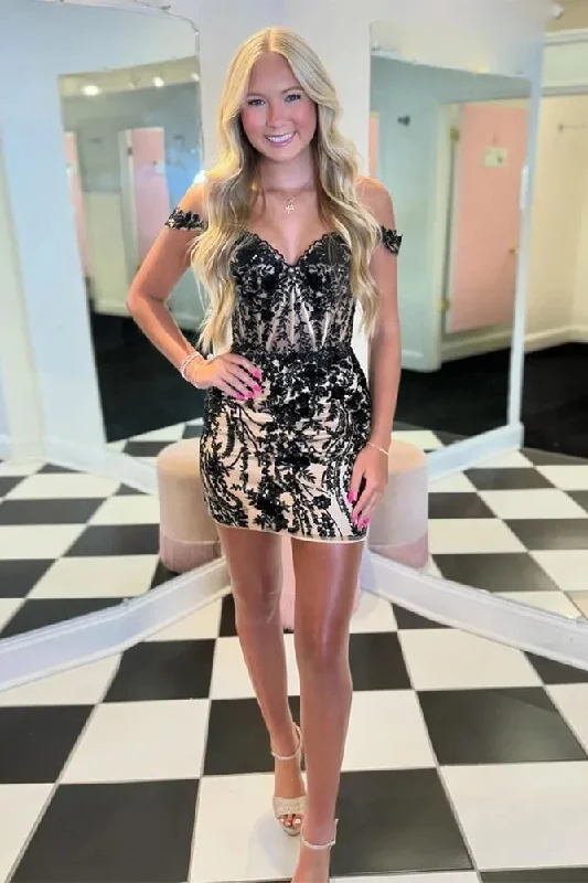 Value Deals casual shift dressSparkly Black Tight Off-the-Shoulder Corset Homecoming Dress with Appliques