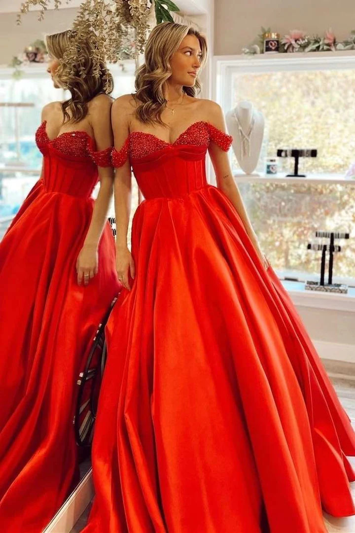 Shop and Save bodycon dressSatin A-Line Off-Shoulder Empire With Pockets Beaded Prom Dress
