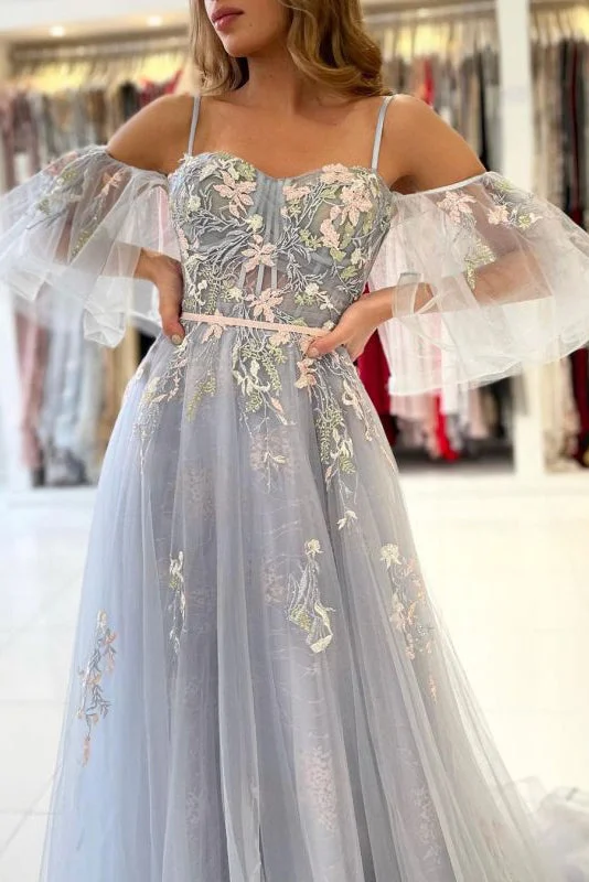 Clearance Items Vintage Long Tulle Evening Prom Dress  With Appliques GJS263