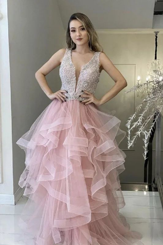 Discount Extravaganza A-line Pink Tulle Beading Long Prom Evening Dress with Sleeveless GJS131