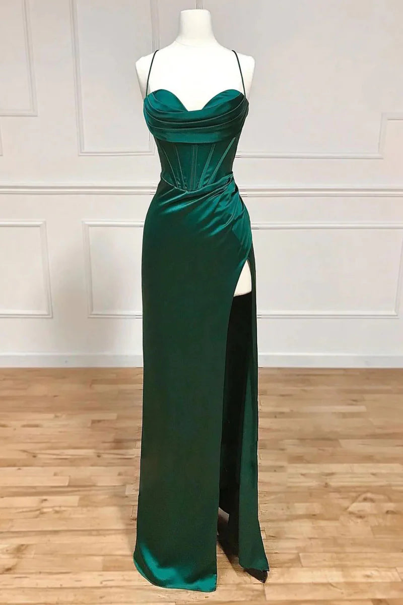 Year-End Clearance v-neck dressCasual Satin Fitted Sweetheart Lace Up With Side Slit Prom Dress