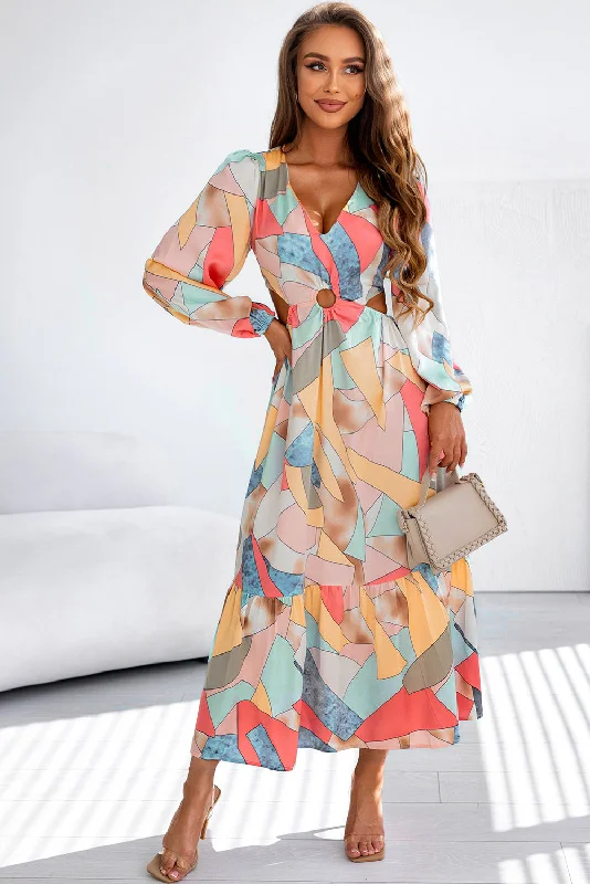 Weekend Special Multicolor Abstract Print O-ring Cut out Long Sleeve Maxi Dress