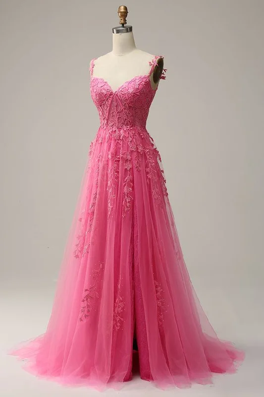 Deep Discounts trendy mini dressA Line Spaghetti Straps Lace Hot Pink Prom Dress with Appliques Y4487