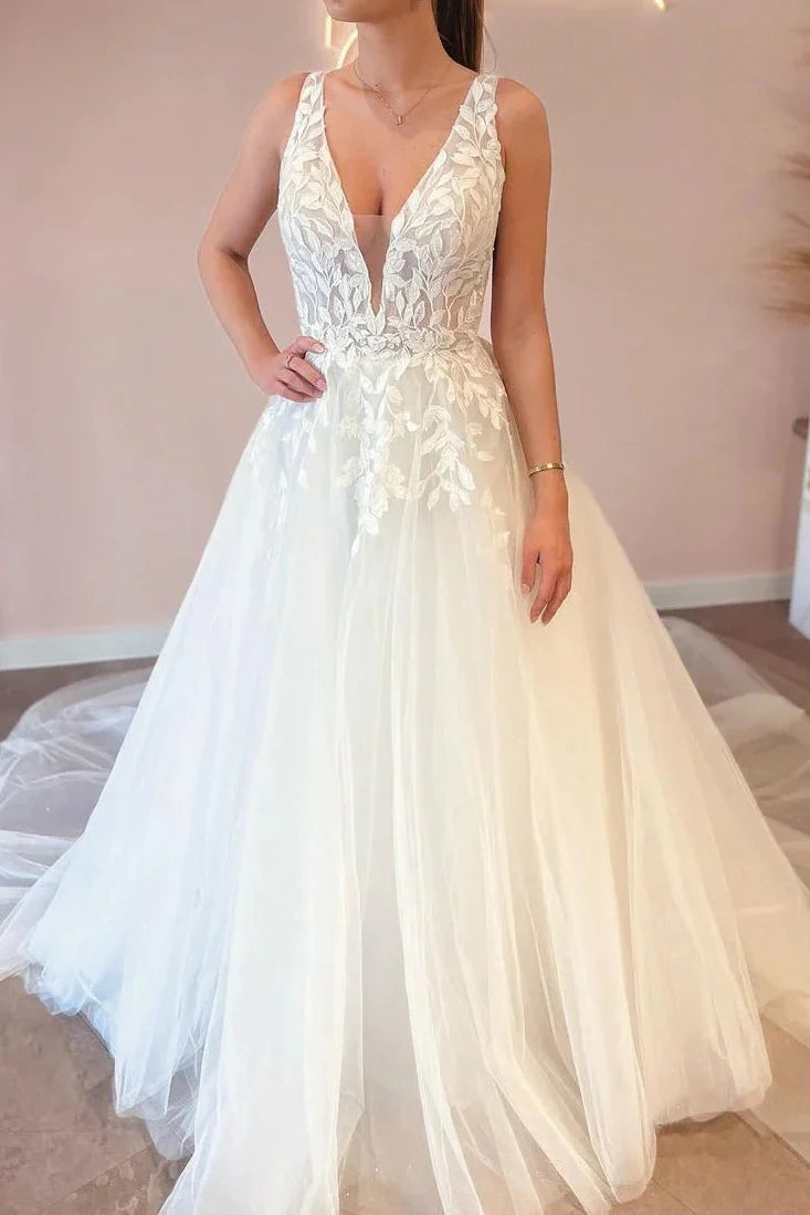 Early Access elegant maxi dressTulle A-Line Low V-Neck Sleeveless Appliques Long Wedding Dress Early Access elegant maxi dressTulle A-Line Low V-Neck Sleeveless Appliques Long Wedding Dress