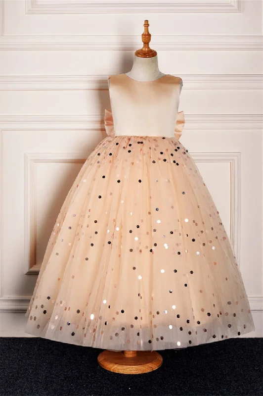 Lowest Price ruffle dressChampagne Jewel Tulle Sparkly Long Flower Girl Dress