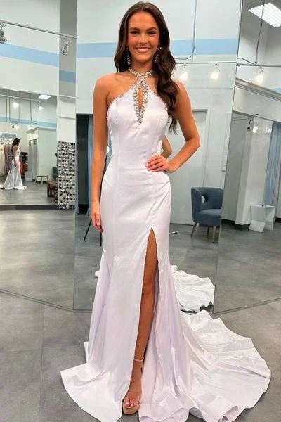 Super Bargain wrap dressSatin Trumpet High Neck Sleeveless Beaded With Train Prom Dress