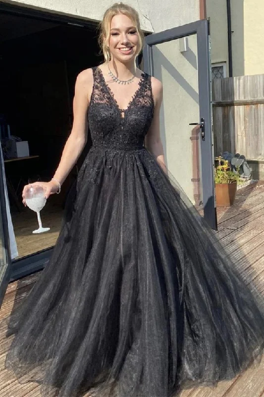 Price Drop A Line V Neck Black Lace Long Prom Dresses, Black Lace Formal Dresses GJS137