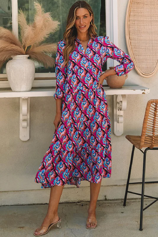 Deal Alert Abstract Geometric Print Long Sleeve High Waist Dress