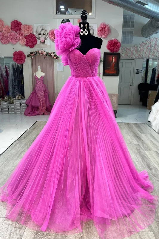 Deal Explosion silk dressFuchsia Ruffled One Shoulder A-line Tulle Long Prom Dress