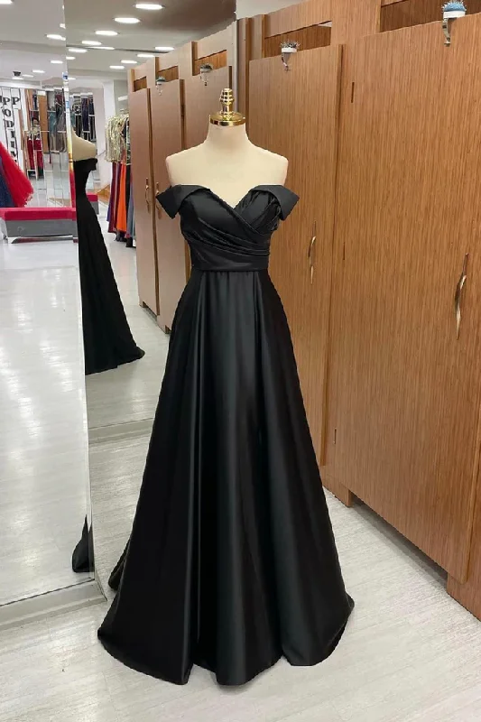 Crazy Deals A-line dressOff Shoulder Black Satin Long Prom Dress, Long Black Formal Graduation Evening Dress Y201