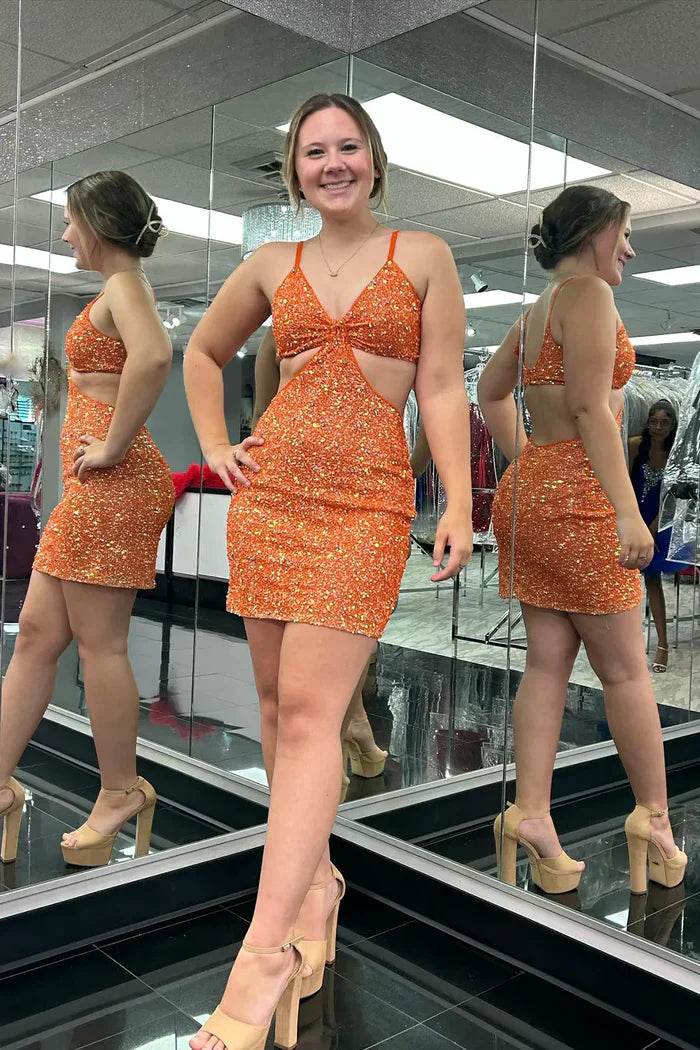 Special Price luxury dressGlitter Fitted V-Neck Spaghetti Straps Homecoming Dress