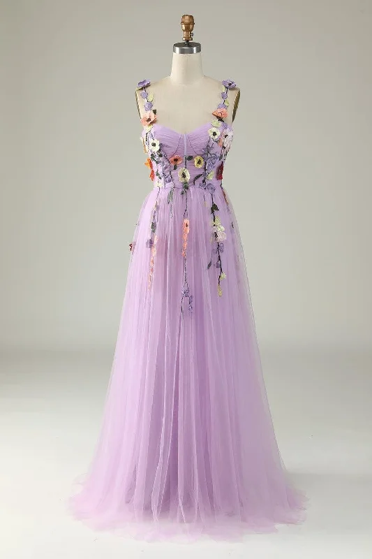 Lowest Price stylish dressLavender Flower Straps Appliques A-line Tulle Long Prom Dress