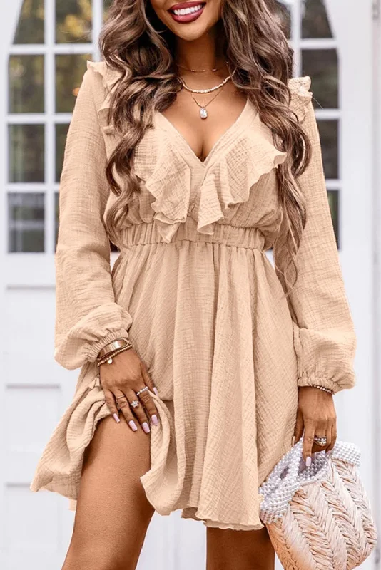 Instant Discount Khaki Textured Ruffled V Neck High Waist Mini Dress
