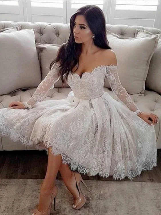 Online Specials Long Sleeve Homecoming Dresses A line Lace Short Prom Dress Chic Party Dress JK762