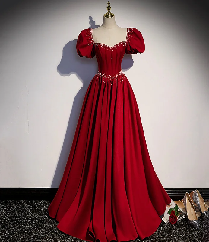 Special Promotion high-waisted dressBurgundy A-line satin long prom dress evening dress s85