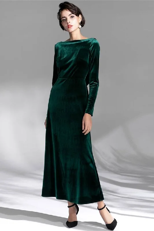 Discount Extravaganza casual dressDark Green Velvet Dress with Long Sleeves