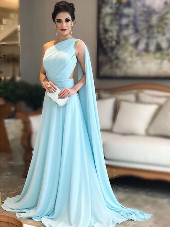 Special Price One Shoulder Prom Dresses Aline Long Ruffles Blue Simple Cheap Prom Dress JKL1540