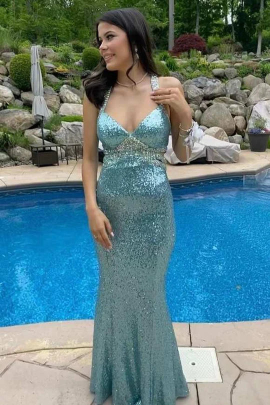Exclusive Savings flowy evening dressSexy V-Neck Sleeveless Empire Sequins Long Party Prom Dress