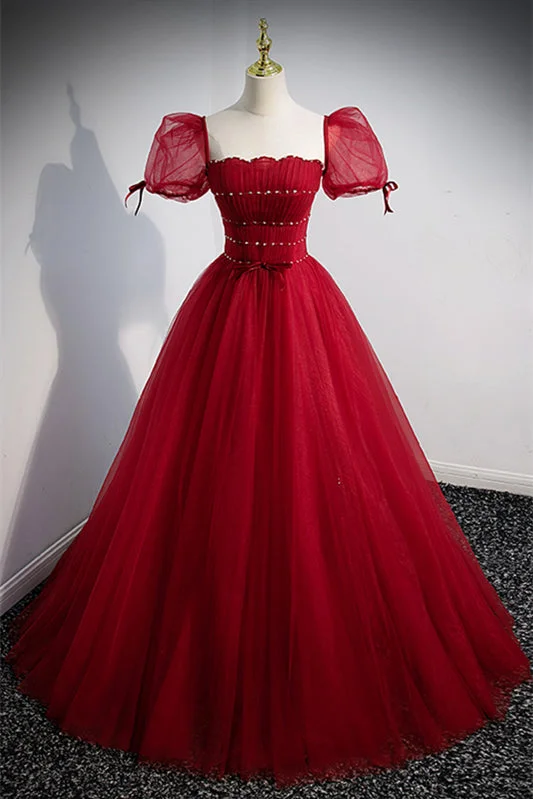 Crazy Deals spaghetti strap dressRed Strapless Beaded Detachable Puff Sleeves Long Formal Dress with Sash