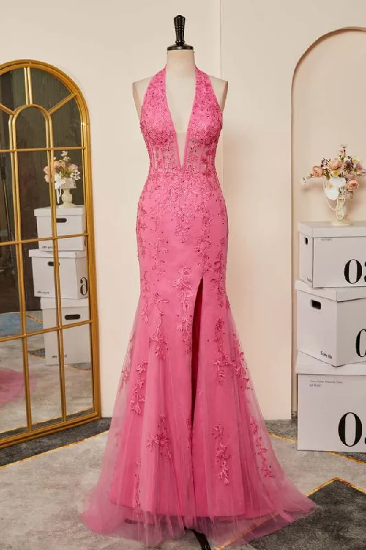 Quick Sale pleated maxi dressPink Appliques Mermaid Plunging V Halter Long Prom Dress with Slit