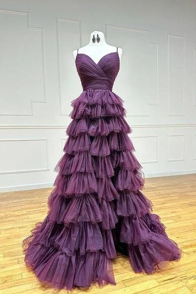 Seasonal Clearance layered dressTulle A-Line V-Neck Spaghetti Straps With Side Slit Long Prom Dress
