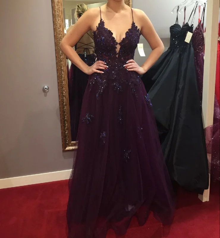 Savings Galore satin dressModest A-line Purple Prom Dress with Lace-up Back Y4422