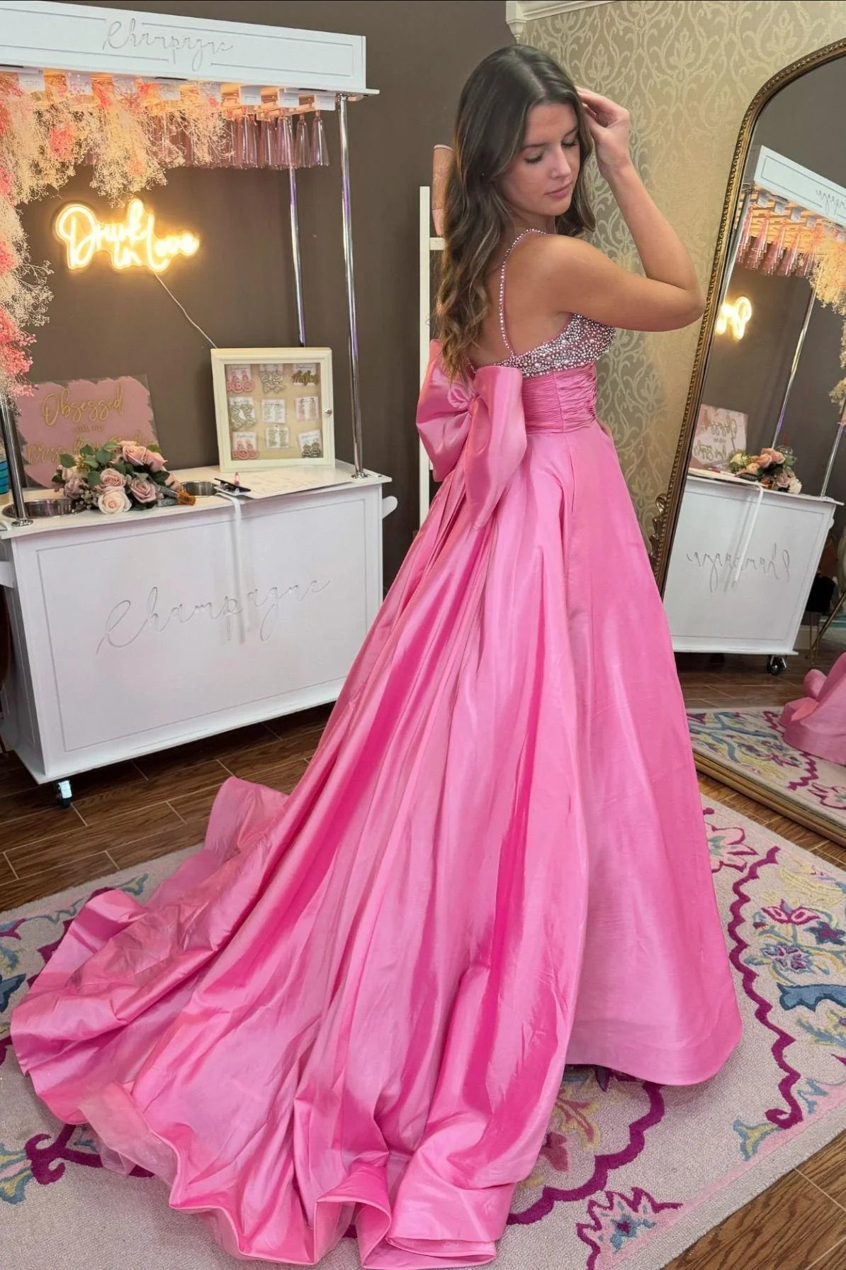 Savings Bonanza backless dressBateau Spaghetti Straps Satin A-Line Beaded Prom Dress With Bowknot